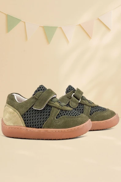 Rakerplus Bob Hakiki Deri Haki Yeşil Barefoot Cırtlı Lastikli Bebek Sneaker Ayakkabı ürün görseli 1