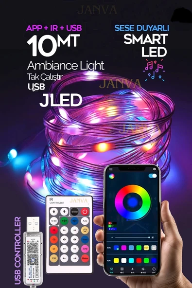 Janva Televizyon Arkası 10 Metre Bluetooth Telefon Kontrollü Şerit Led Sese Duyarlı Kumandalı Pixel Led ürün görseli 1