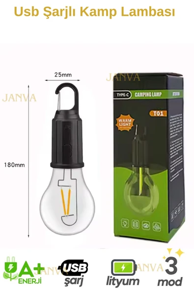 Janva 10W USB Şarjlı Askılı - 4 Kademeli Led Ampul 3200K - Sarı Işık ürün görseli 1