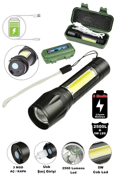 Janva Tak-03 Ultra Güçlü 2500 Lumens + 5w Cob Led Usb Şarjlı El Feneri Kutulu Kamp Feneri Avcılık Pro3 ürün görseli 1