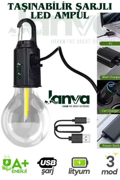 Janva 2 Adet Taşınabilir Şarjlı Led Ampül Outdoor Kamp Bahçe Lambası 10W Askılı Kırılmaz Led Işık ürün görseli 1