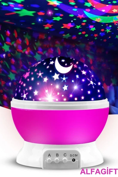 Janva Ay ve Yıldızlı Gökyüzü Yansıtmalı Dönen Projeksiyon Gece Lambası- Çocuk Bebek Odası Pembe ürün görseli 1