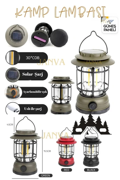 Janva Güneş Panelli Enerjili Solar Nostaljik Ledli Kamp Feneri Lamba Işıldak Usb Şarjlı Dekoratif Fener ürün görseli 1