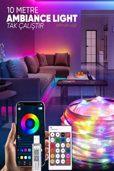Janva 10 Metre Rgb Kumandalı Telefon Kontrollü Kayar Magic Led Ses Müzik Kontrollü Şerit Işık Su Geçirmez ürün görseli 1