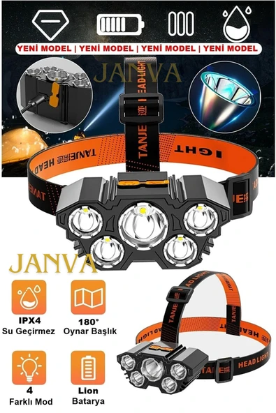 Janva Çok Fonksiyonlu 5 Led Şarjlı Ultra Güçlü Kafa Lambası Feneri Ipx5 Su Geçirmez Litym Lion Batarya X5 ürün görseli 1