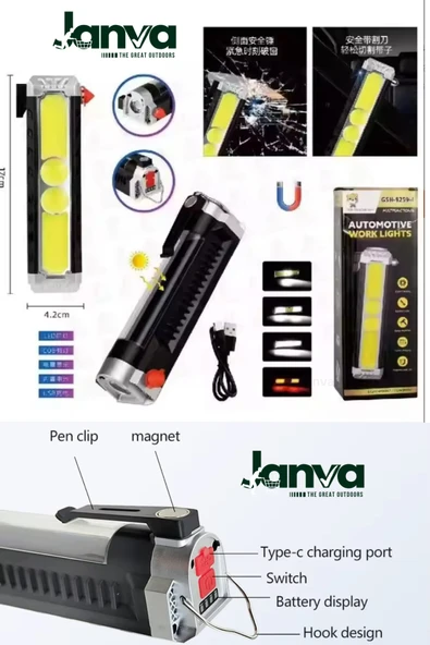 Janva Kampçı Tamirci Deprem Arama Kurtarma Feneri Cam Kırma Ip Kesme Usb Li Fener Aydınlatma Mıknatıslı ürün görseli 1