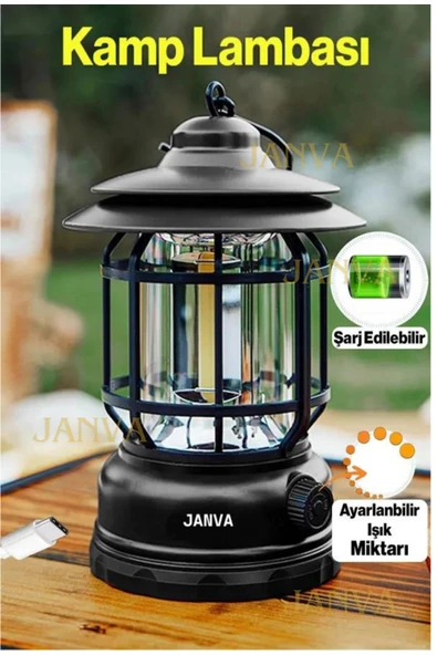 Janva Dekoratif Nostaljik ışığı ayarlanabilir Şarjlı Ledli Kamp Lambası Işıldak Fener 18650 şarjlı pilli ürün görseli 1