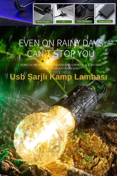 Janva 3 Adet Taşınabilir Usb Şarjlı Led Ampül Outdoor Kamp Bahçe Lambası Askılı Kırılmaz Işık ürün görseli 1
