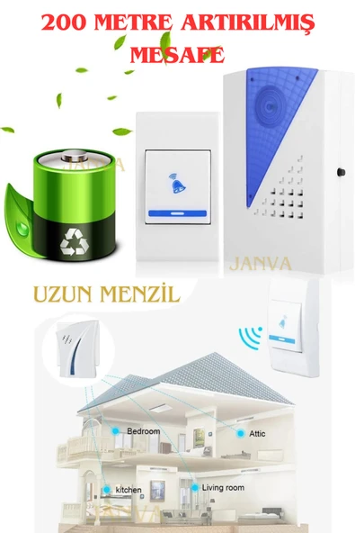Janva 200 Metre Mesafeli Kablosuz Kapı Zili 36 Melodili ürün görseli 1