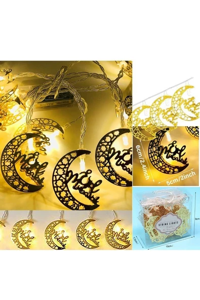 Janva Ramazan Temalı Gün Işığı 10 Ampullü Metal Hilal Şeklinde Eid Mubarak Pilli Led Işık 2 Mt ürün görseli 1