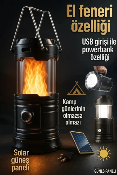 Janva Şarj Edilebilir Güneş Enerjili Taşınabilir Fener Alev Ateş Modlu Kamp Feneri Led El Feneri ürün görseli 1