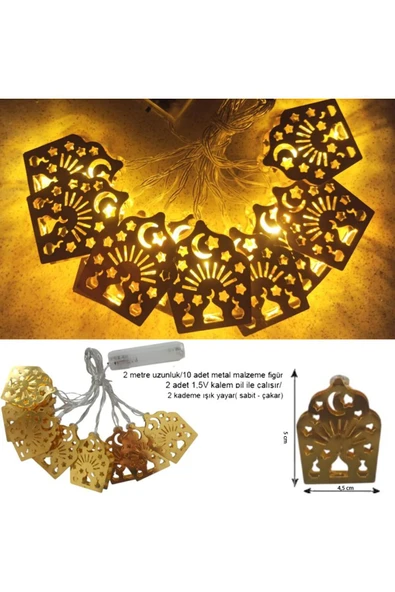 Janva Ramazan Temalı Gün Işığı 10 Metal Ampullü Dini Sembollü Fener Şeklinde Pilli Led Işık 2 Mt ürün görseli 1