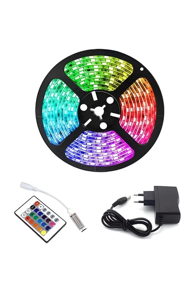 MULTI Şerit Led İç Ve Dış Mekan 5 Metre Kumandalı Set Tak Çalıştır 16 Renk Adaptör Silikonlu, 5Mt ürün görseli 1