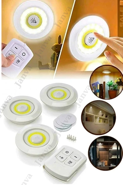 Janva Uzaktan Kumandalı 3 Lü Spot Led Lamba Kablosuz Pilli Işıldak Dolap Işığı Mutfak Rafı Işığı ürün görseli 1