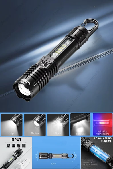 Janva Usb Şarjlı Zoomlu Kancalı Çakarlı Ultra Güçlü El Feneri Bekçi Polis Balıkçı Arama Kurtarma ürün görseli 1