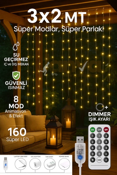Janva Usb Perde Peri Led Kumandali Dekoratif Su Geçirmez Sarı 3x2 Metre ürün görseli 1
