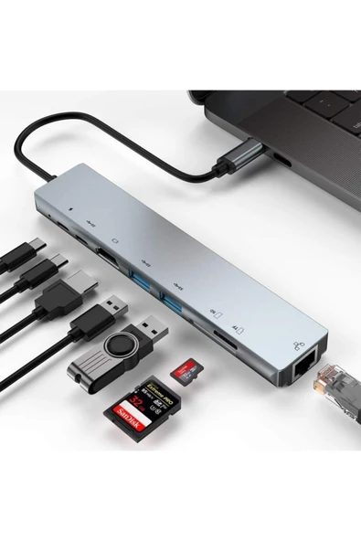 HMXPLUS 8 In 1 4k Type C Usb 3.0 Hub Hdmı Rj45 Sdtf Adaptörü 8in1 ürün görseli 1