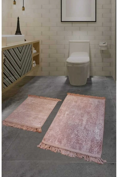 2Li  Saçaklı Dokuma Kaymaz Tabanlı Banyo  Takımı  PEMBE ürün görseli 1