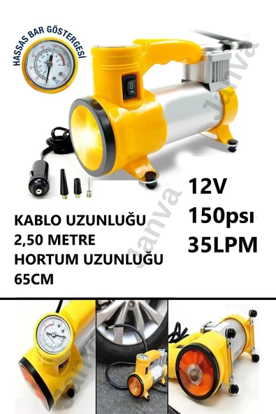 Janva Fenerli Kompresör 12V Taşınabilir 150 Psı Araba Oto Araç Motor Bisiklet Havuz Lastik Şişirme Pompası ürün görseli 1