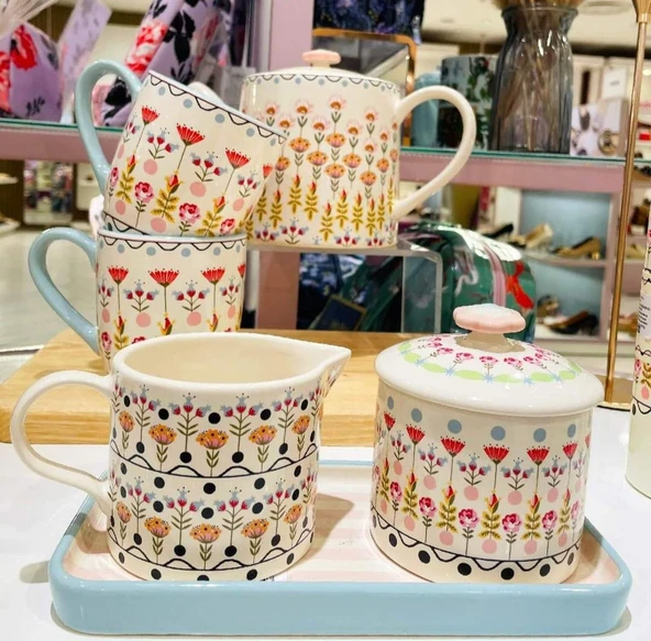 Cath Kidston Çiçek Desenli Sütlük ve Şekerlik Seti Pastel Pembe Çizgili Seramik Tabağı ile Birlikte ürün görseli 1