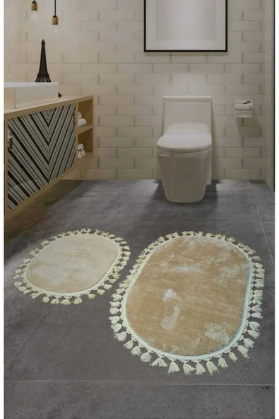 2li Peluş Saçaklı Dokuma Tabanlı Banyo Takımı Bej ürün görseli 1