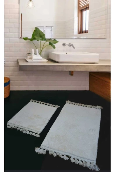 2li Peluş Saçaklı Dokuma Tabanlı Banyo Takımı Beyaz ürün görseli 1