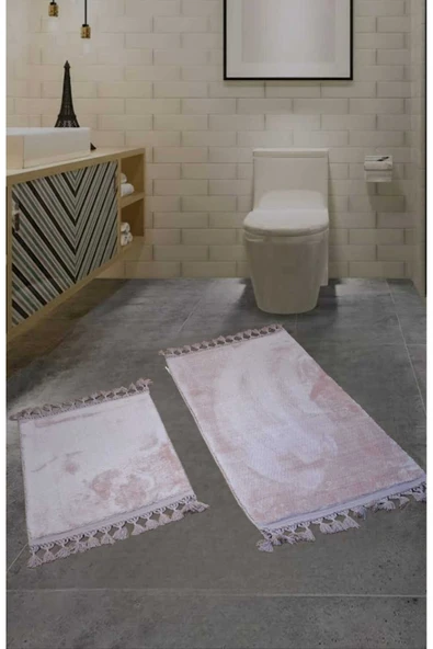 2li Peluş Saçaklı Dokuma Tabanlı Banyo Takımı Pembe ürün görseli 1