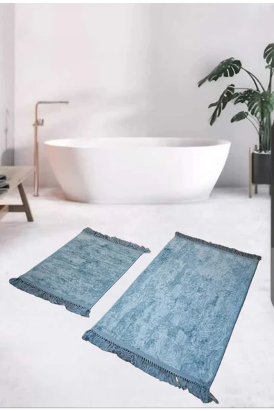 2Li  Saçaklı Dokuma Kaymaz Tabanlı Banyo  Takımı  MAVİ ürün görseli 1