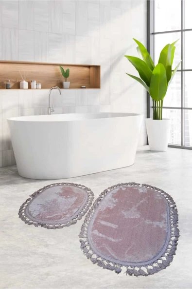 2li Peluş Saçaklı Dokuma Tabanlı Banyo Takımı Pembe ürün görseli 1