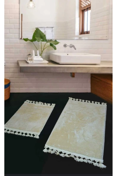 2li Peluş Saçaklı Dokuma Tabanlı Banyo Takımı Bej ürün görseli 1
