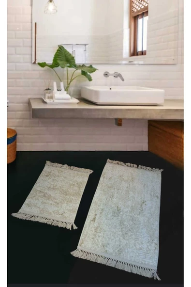 2Li  Saçaklı Dokuma Kaymaz Tabanlı Banyo  Takımı  KREM ürün görseli 1