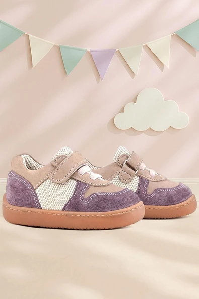 Rakerplus Bob Hakiki Deri Mor Pudra Barefoot Cırtlı Lastikli Bebek Sneaker Ayakkabı ürün görseli 1