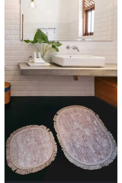 2Li  Saçaklı Dokuma Kaymaz Tabanlı Banyo  Takımı  PEMBE ürün görseli 1