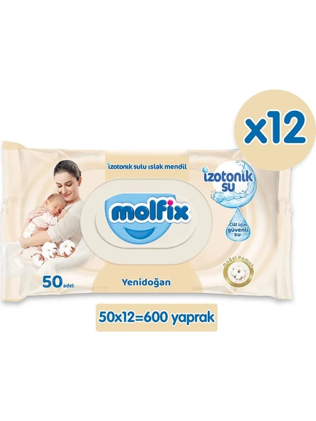 Molfix İzotonik Sulu Yenidoğan 50 Yaprak 12'li Paket Islak Mendil ürün görseli 1