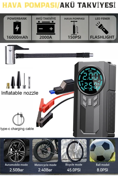 Janva 4 In 1 Çok Işlevli 150 Psı 7.4 V 8000 Mah Powerbank Özellikli Hava Oto Kompresörü ürün görseli 1