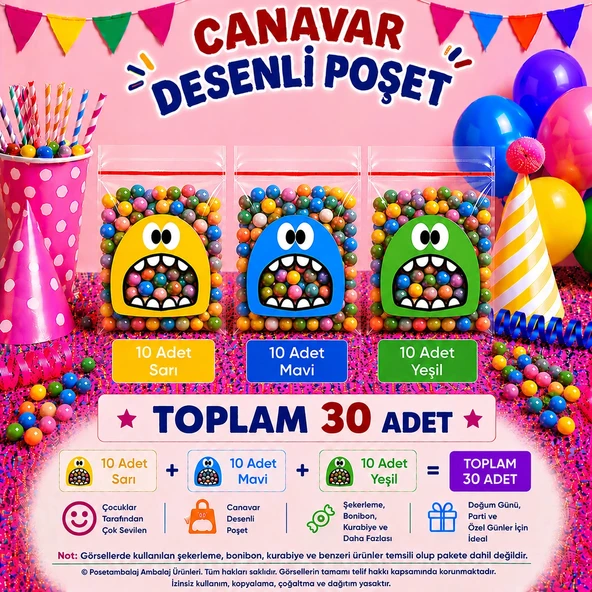 30 Adet Sarı-Mavi-Yeşil Renkli Canavar Desenli Cake Pop & Kurabiye Poşeti-10x15 cm ürün görseli 1