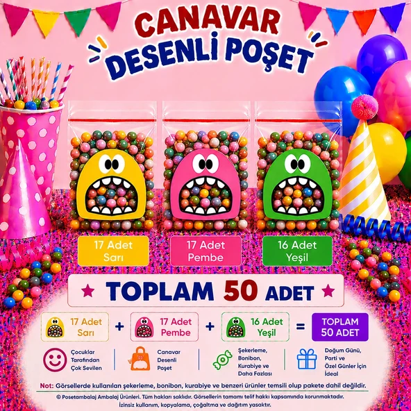 50 Adet Sarı-Pembe-Yeşil Renkli Canavar Desenli Cake Pop & Kurabiye Poşeti-10x15 cm ürün görseli 1
