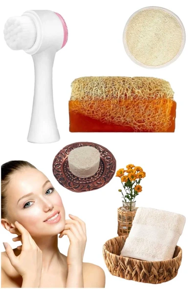 5'li Tüm Cilt Temizleme Kabak Lifli Ballı Sabun Gerdirme Peeling Ruşur Taşı Havlu Temizleme Fırçası ürün görseli 1