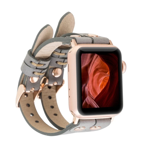 Apple Watch Uyumlu Deri Kordon Ely Double Tour RST9 Gri ürün görseli 1
