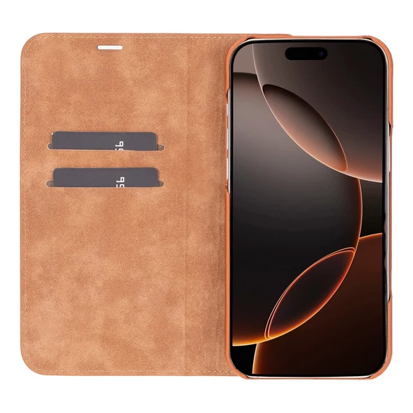 Apple iPhone 16 Pro Max uyumlu, Hakiki Deri, El Yapımı, Cüzdanlı Kılıf, Gölgeli Taba ürün görseli 1