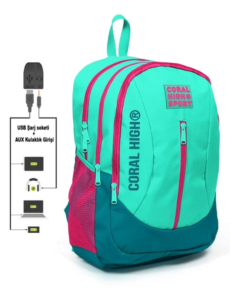 Coral High Sport Yeşil-Pembe Okul ve Günlük Sırt Çantası - USB ve AUX Çıkışlı ürün görseli 1