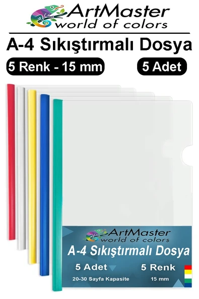 A-4 Sıkıştırmalı Yandan Sürgülü Dosya 5 Li 1 Paket ArtMaster A4 5 Renk Sıkıştırmalı Dosya 1 Paket Renkli Ofis Büro Okul ürün görseli 1