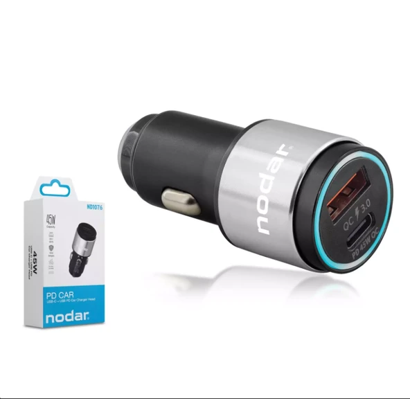 Nodar Nd1076 Usb + Type-C Pd Metal Araç Şarj Q.C 3.0 45W Silver-Siyah ürün görseli 1