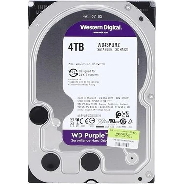 4 TB WD 3.5 PURPLE SATA3 5400RPM 256MB 7/24 GUVENLIK WD43PURZ ürün görseli 1