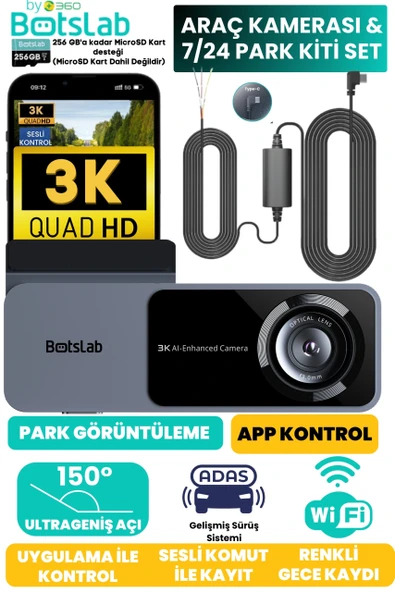 +360 Botslab Hk50 Set / 3k Qhd Wifi 150 Ultra Geniş Açı Gece Görüşlü Akıllı Araç Kamera + Park Kiti ürün görseli 1