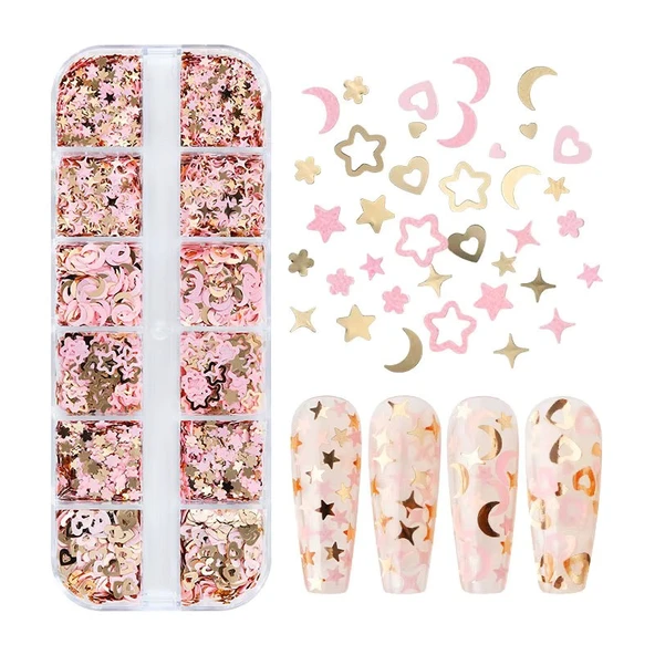 Pembe ve Gold Tırnak Süsleme Folyo Pulları Karışık Dizayn Ay Yıldız Kalp Nail Art ürün görseli 1