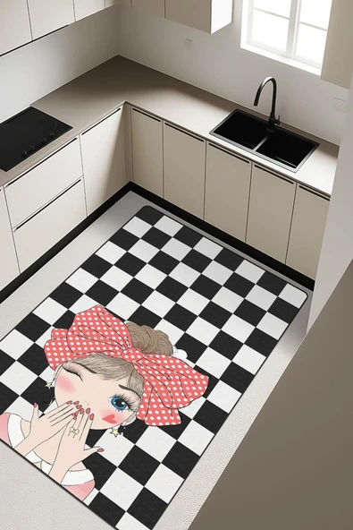 Kız Figürlü Damalı Desenli Dijital Baskı Kaymaz Taban Mutfak Halısı H0044 Renkli 80 X 300 ürün görseli 1