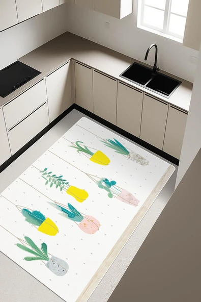 Modern Saksı Desenli Dijital Baskı Kaymaz Taban Mutfak Halısı H0029 Renkli 80 X 300 ürün görseli 1