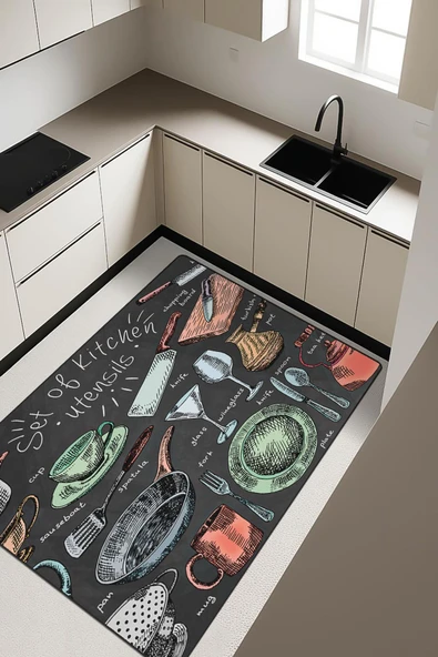 Kitchen Desenli Dijital Baskı Kaymaz Taban Mutfak Halısı H0054 Renkli 200 X 300 ürün görseli 1