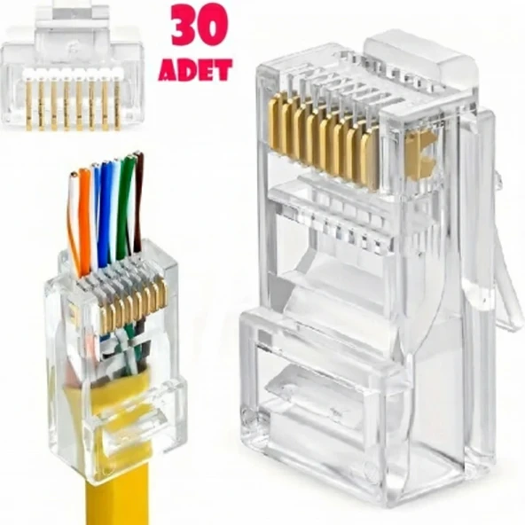 Yeni Nesil Ez RJ45 Konnektör Plug Cat6 Delikli Açık Uçlu Jack EZRJ45 (30 Adet) ürün görseli 1